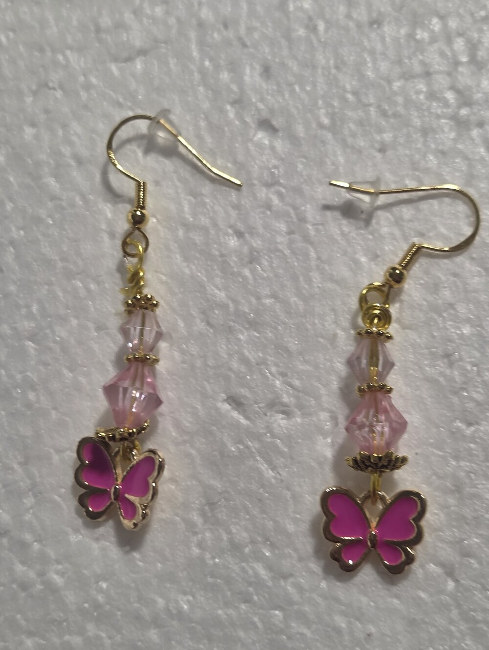 Handcrafted Pink Butterfly Dangle Earrings - Gold Tone